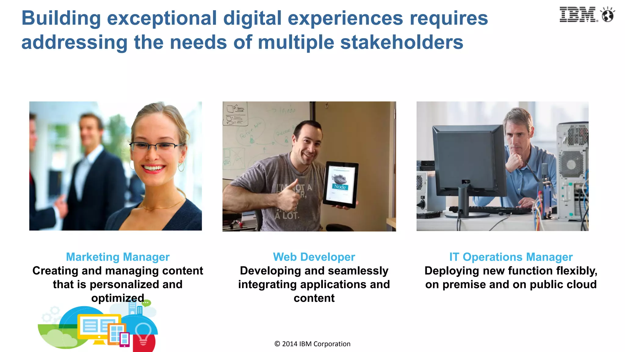 © 2014 IBM Corporation
Building exceptional digital experiences requires
addressing the needs of multiple stakeholders
Marketing Manager
Creating and managing content
that is personalized and
optimized
Web Developer
Developing and seamlessly
integrating applications and
content
IT Operations Manager
Deploying new function flexibly,
on premise and on public cloud
 