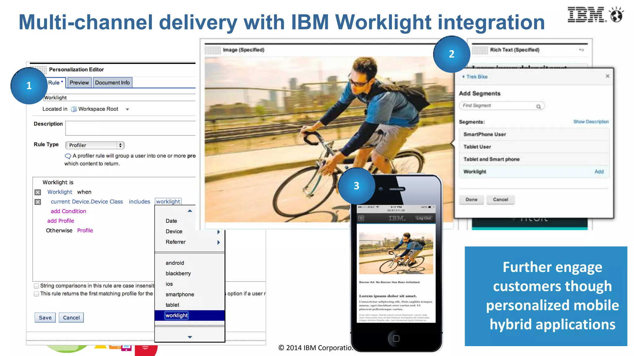 © 2014 IBM Corporation
Multi-channel delivery with IBM Worklight integration
1
2
3
Further engage
customers though
personalized mobile
hybrid applications
 