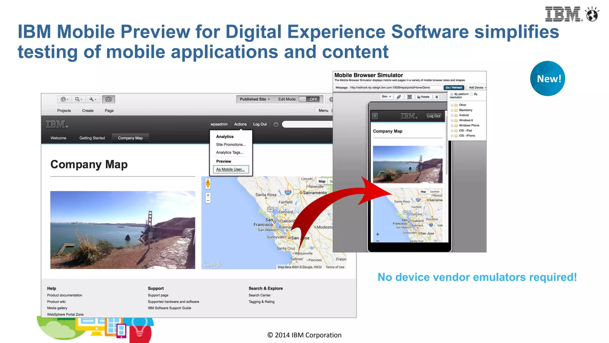 © 2014 IBM Corporation
IBM Mobile Preview for Digital Experience Software simplifies
testing of mobile applications and content
New!
No device vendor emulators required!
 