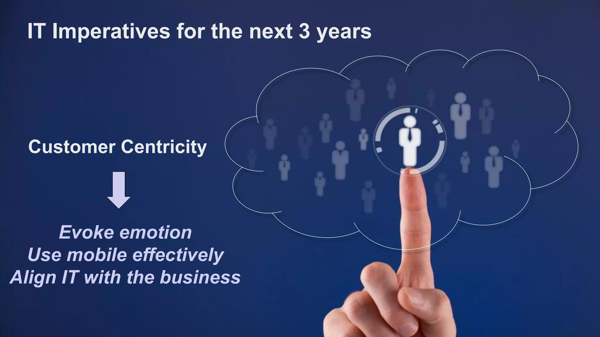 IT Imperatives for the next 3 years
Customer Centricity
Evoke emotion
Use mobile effectively
Align IT with the business
 