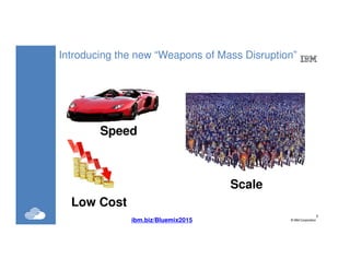 2
©IBM Corporation2
Introducing the new “Weapons of Mass Disruption” …
2
Scale
Low Cost
Speed
ibm.biz/Bluemix2015
 