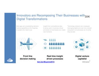 3
©IBM Corporation3
Innovators are Recomposing Their Businesses with
Digital Transformations
Front line
decision making
New apps are consolidating decision
making capabilities at the fingertips
of people who need to act.
Insight from nontraditional data
Is being used in business critical
processes so businesses can create
new moments.
Digital venture
capitalist
Technology solutions are composed
leveraging digital services from a broad
ecosystem so businesses can do what
they do best.
Real time insight
driven processes
ibm.biz/Bluemix2015
 