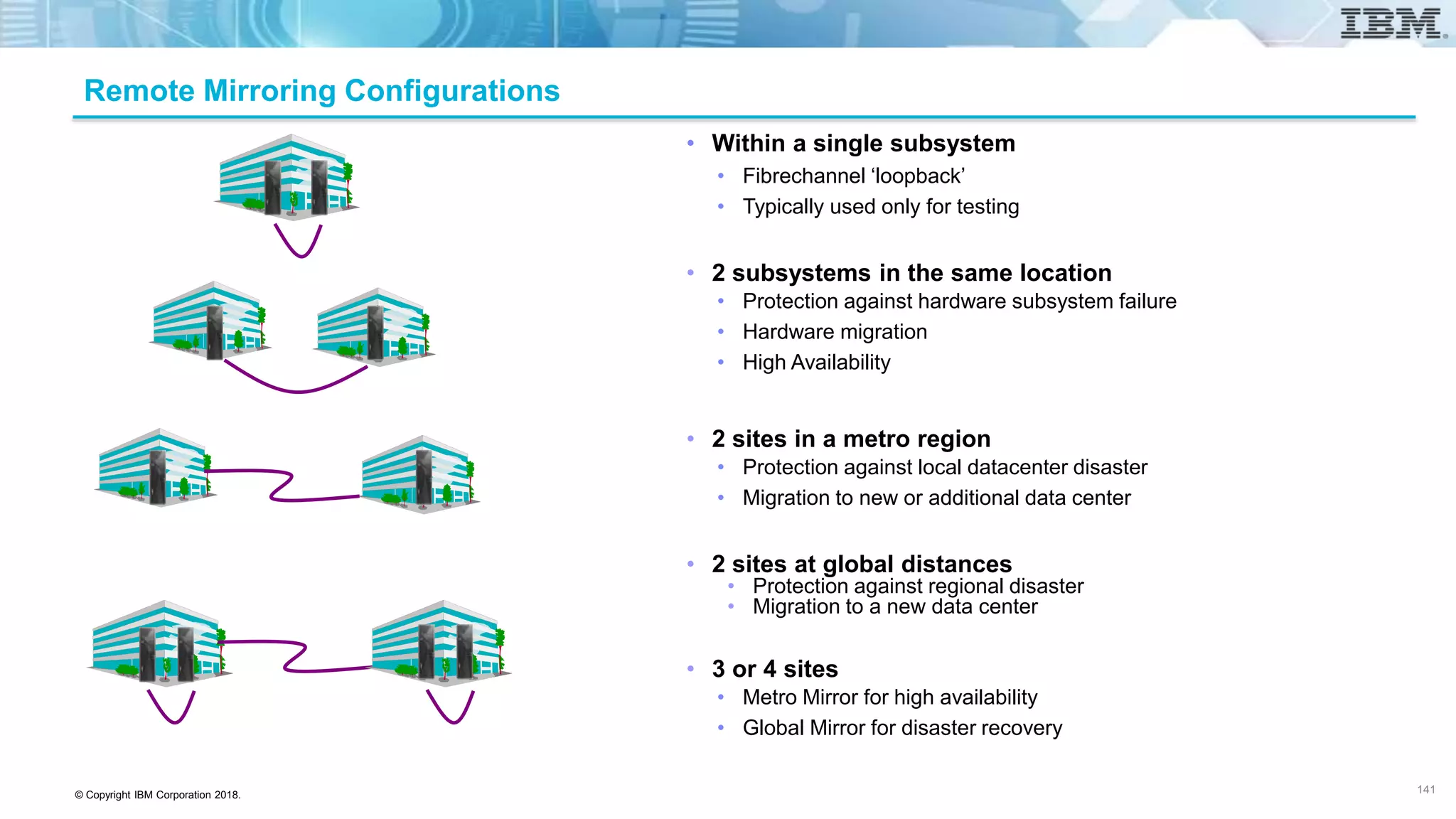 © Copyright IBM Corporation 2018.
Remote Mirroring Configurations
• Within a single subsystem
• Fibrechannel ‘loopback’
• Typically used only for testing
• 2 subsystems in the same location
• Protection against hardware subsystem failure
• Hardware migration
• High Availability
• 2 sites in a metro region
• Protection against local datacenter disaster
• Migration to new or additional data center
• 2 sites at global distances
• Protection against regional disaster
• Migration to a new data center
• 3 or 4 sites
• Metro Mirror for high availability
• Global Mirror for disaster recovery
141
 