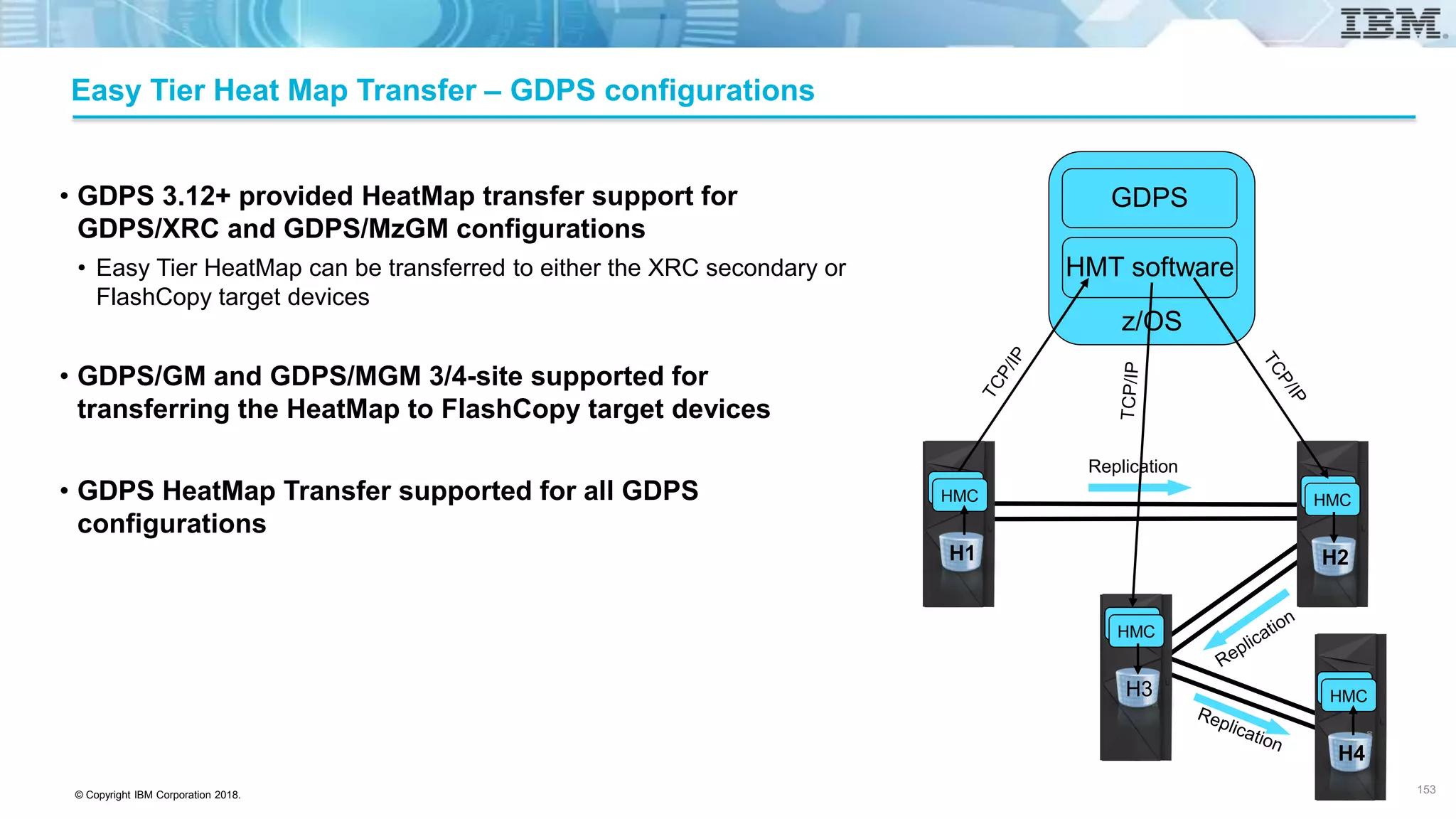 © Copyright IBM Corporation 2018.
Easy Tier Heat Map Transfer – GDPS configurations
• GDPS 3.12+ provided HeatMap transfer support for
GDPS/XRC and GDPS/MzGM configurations
• Easy Tier HeatMap can be transferred to either the XRC secondary or
FlashCopy target devices
• GDPS/GM and GDPS/MGM 3/4-site supported for
transferring the HeatMap to FlashCopy target devices
• GDPS HeatMap Transfer supported for all GDPS
configurations
153
Replication
z/OS
HMT software
HMC
H1
HMC
H2
HMC
H3
GDPS
H4
HMC
 