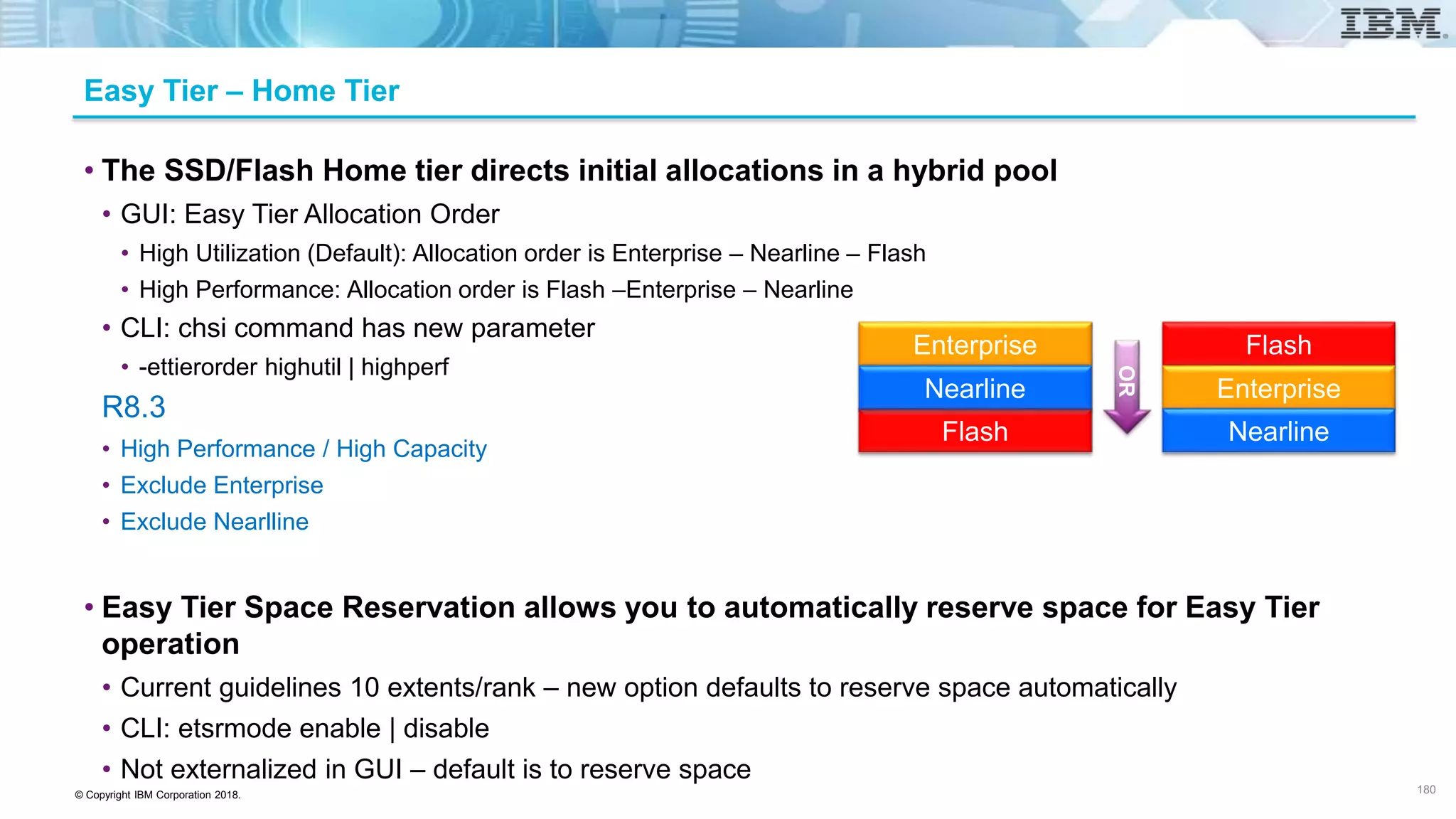 © Copyright IBM Corporation 2018.
Easy Tier – Home Tier
• The SSD/Flash Home tier directs initial allocations in a hybrid pool
• GUI: Easy Tier Allocation Order
• High Utilization (Default): Allocation order is Enterprise – Nearline – Flash
• High Performance: Allocation order is Flash –Enterprise – Nearline
• CLI: chsi command has new parameter
• -ettierorder highutil | highperf
R8.3
• High Performance / High Capacity
• Exclude Enterprise
• Exclude Nearlline
• Easy Tier Space Reservation allows you to automatically reserve space for Easy Tier
operation
• Current guidelines 10 extents/rank – new option defaults to reserve space automatically
• CLI: etsrmode enable | disable
• Not externalized in GUI – default is to reserve space
Flash
Enterprise
NearlineFlash
Enterprise
Nearline
OR
180
 
