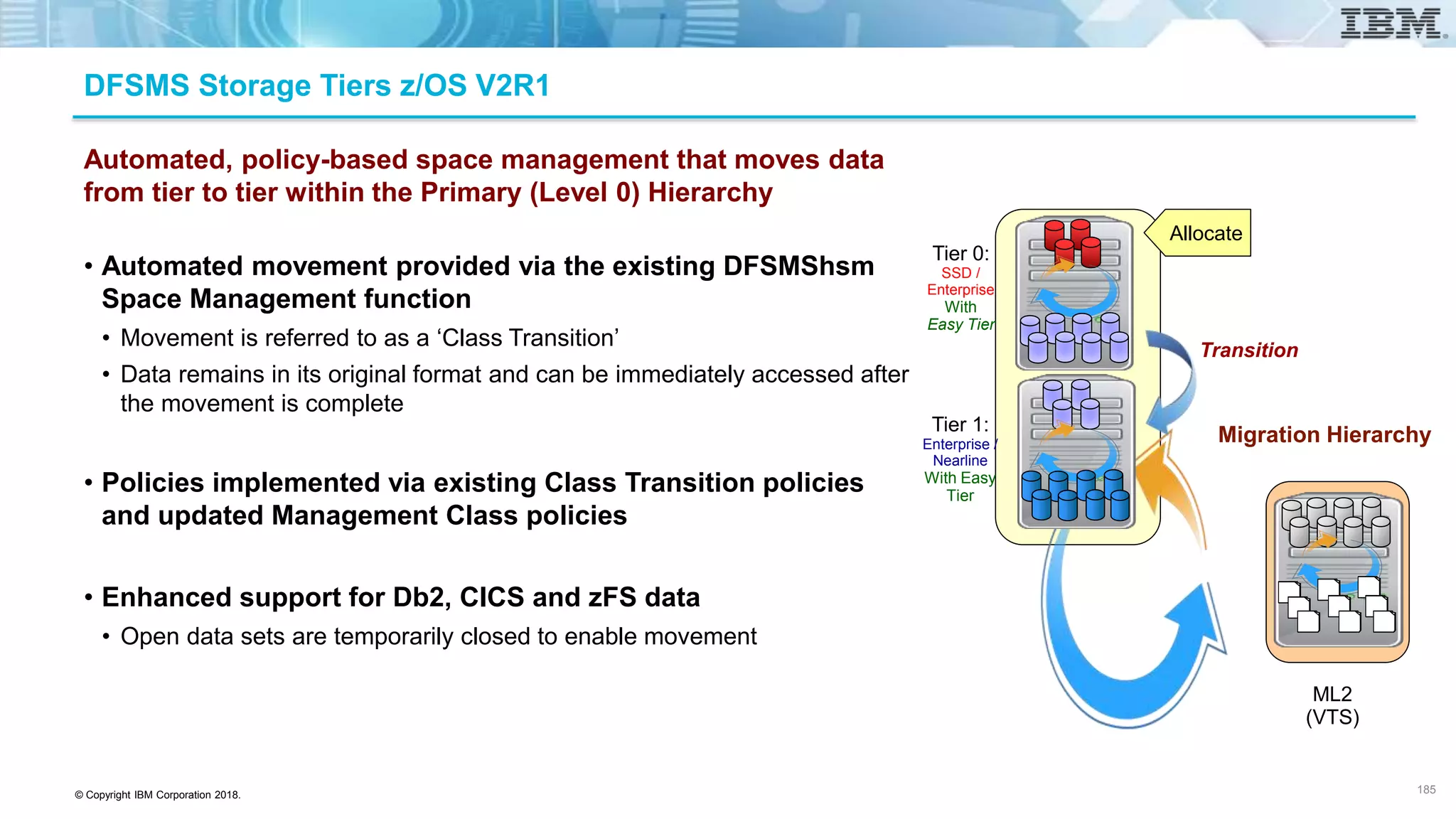© Copyright IBM Corporation 2018.
DFSMS Storage Tiers z/OS V2R1
Automated, policy-based space management that moves data
from tier to tier within the Primary (Level 0) Hierarchy
• Automated movement provided via the existing DFSMShsm
Space Management function
• Movement is referred to as a ‘Class Transition’
• Data remains in its original format and can be immediately accessed after
the movement is complete
• Policies implemented via existing Class Transition policies
and updated Management Class policies
• Enhanced support for Db2, CICS and zFS data
• Open data sets are temporarily closed to enable movement
185
Migration Hierarchy
ML2
(VTS)
Allocate
Transition
Tier 0:
SSD /
Enterprise
With
Easy Tier
Tier 1:
Enterprise /
Nearline
With Easy
Tier
 