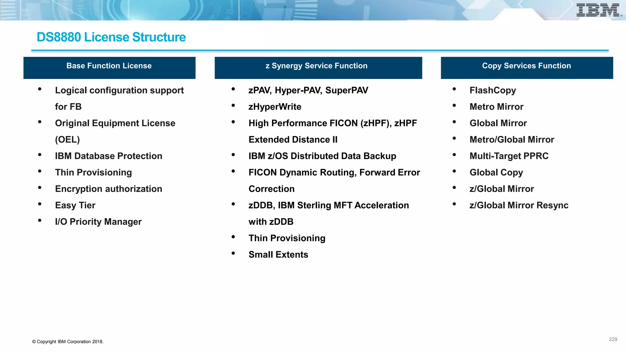 © Copyright IBM Corporation 2018.
DS8880 License Structure
• Logical configuration support
for FB
• Original Equipment License
(OEL)
• IBM Database Protection
• Thin Provisioning
• Encryption authorization
• Easy Tier
• I/O Priority Manager
Base Function License
• zPAV, Hyper-PAV, SuperPAV
• zHyperWrite
• High Performance FICON (zHPF), zHPF
Extended Distance II
• IBM z/OS Distributed Data Backup
• FICON Dynamic Routing, Forward Error
Correction
• zDDB, IBM Sterling MFT Acceleration
with zDDB
• Thin Provisioning
• Small Extents
z Synergy Service Function
• FlashCopy
• Metro Mirror
• Global Mirror
• Metro/Global Mirror
• Multi-Target PPRC
• Global Copy
• z/Global Mirror
• z/Global Mirror Resync
Copy Services Function
229
 