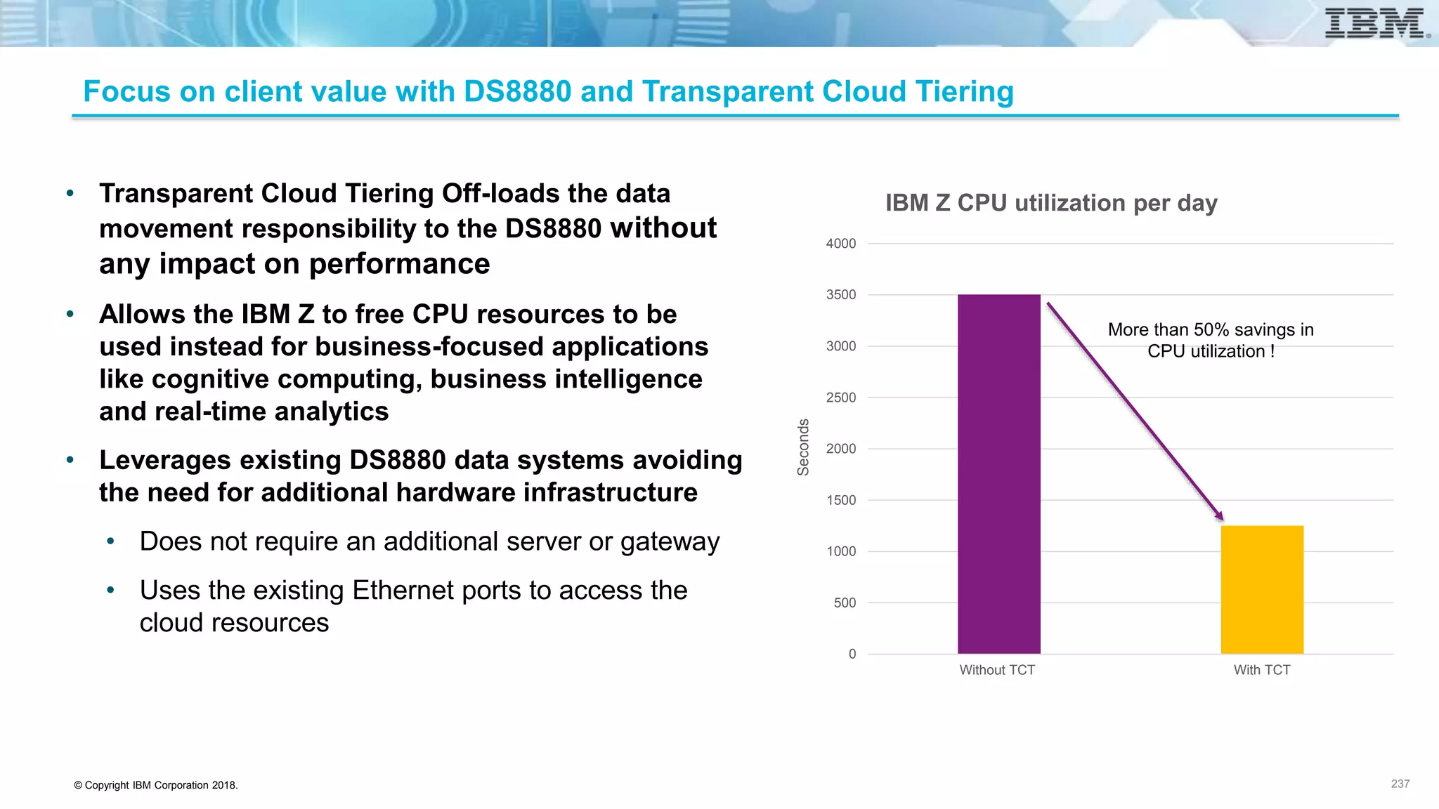© Copyright IBM Corporation 2018.
• Transparent Cloud Tiering Off-loads the data
movement responsibility to the DS8880 without
any impact on performance
• Allows the IBM Z to free CPU resources to be
used instead for business-focused applications
like cognitive computing, business intelligence
and real-time analytics
• Leverages existing DS8880 data systems avoiding
the need for additional hardware infrastructure
• Does not require an additional server or gateway
• Uses the existing Ethernet ports to access the
cloud resources
0
500
1000
1500
2000
2500
3000
3500
4000
Without TCT With TCT
Seconds
IBM Z CPU utilization per day
More than 50% savings in
CPU utilization !
Focus on client value with DS8880 and Transparent Cloud Tiering
237
 
