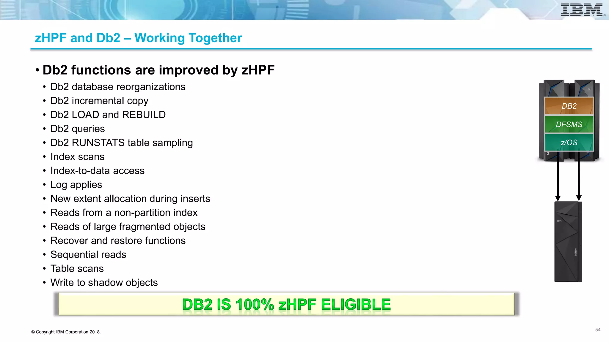 © Copyright IBM Corporation 2018.
zHPF and Db2 – Working Together
• Db2 functions are improved by zHPF
• Db2 database reorganizations
• Db2 incremental copy
• Db2 LOAD and REBUILD
• Db2 queries
• Db2 RUNSTATS table sampling
• Index scans
• Index-to-data access
• Log applies
• New extent allocation during inserts
• Reads from a non-partition index
• Reads of large fragmented objects
• Recover and restore functions
• Sequential reads
• Table scans
• Write to shadow objects
54
z/OS
DFSMS
DB2
 