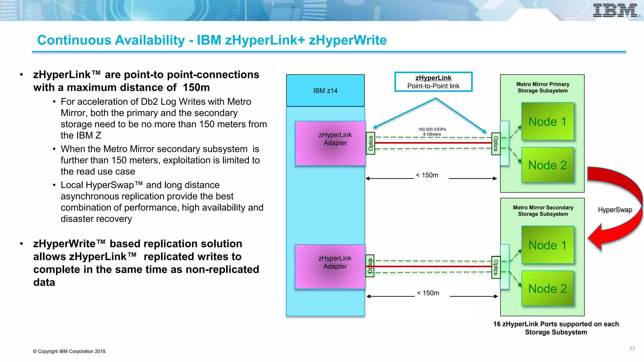 © Copyright IBM Corporation 2018.
Continuous Availability - IBM zHyperLink+ zHyperWrite
Metro Mirror Primary
Storage Subsystem
Node 1
Node 2
Optics
HyperSwap
< 150m
zHyperLink
Point-to-Point link
• zHyperLink™ are point-to point-connections
with a maximum distance of 150m
• For acceleration of Db2 Log Writes with Metro
Mirror, both the primary and the secondary
storage need to be no more than 150 meters from
the IBM Z
• When the Metro Mirror secondary subsystem is
further than 150 meters, exploitation is limited to
the read use case
• Local HyperSwap™ and long distance
asynchronous replication provide the best
combination of performance, high availability and
disaster recovery
• zHyperWrite™ based replication solution
allows zHyperLink™ replicated writes to
complete in the same time as non-replicated
data
Optics
Node 1
Node 2
Optics
Optics
IBM z14
zHyperLink
Adapter
zHyperLink
Adapter
Optics
< 150m
Metro Mirror Secondary
Storage Subsystem
160,000 IOOPs
8 GByte/s
16 zHyperLink Ports supported on each
Storage Subsystem
77
 