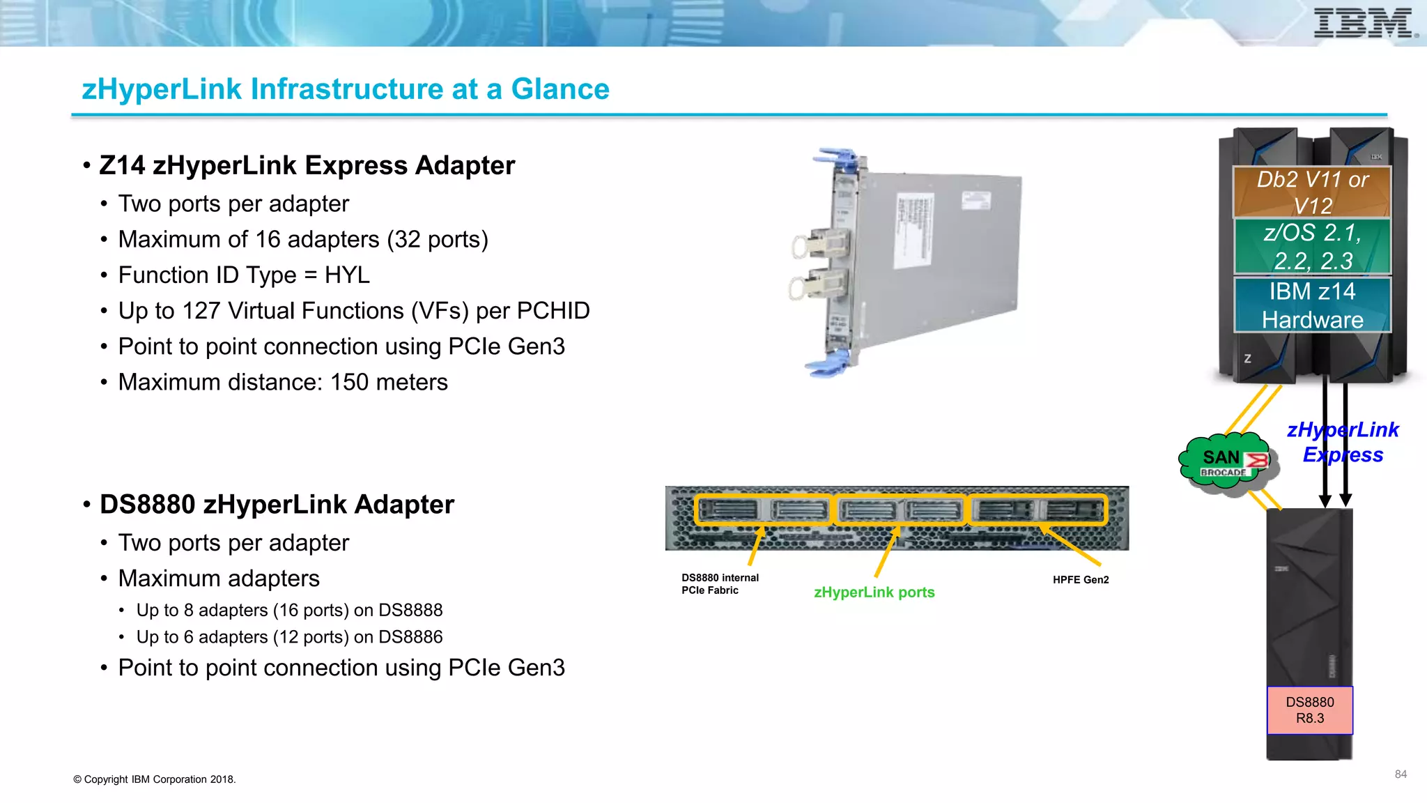 © Copyright IBM Corporation 2018.
zHyperLink Infrastructure at a Glance
• Z14 zHyperLink Express Adapter
• Two ports per adapter
• Maximum of 16 adapters (32 ports)
• Function ID Type = HYL
• Up to 127 Virtual Functions (VFs) per PCHID
• Point to point connection using PCIe Gen3
• Maximum distance: 150 meters
• DS8880 zHyperLink Adapter
• Two ports per adapter
• Maximum adapters
• Up to 8 adapters (16 ports) on DS8888
• Up to 6 adapters (12 ports) on DS8886
• Point to point connection using PCIe Gen3
DS8880 internal
PCIe Fabric zHyperLink ports
HPFE Gen2
84
z/OS 2.1,
2.2, 2.3
IBM z14
Hardware
Db2 V11 or
V12
zHyperLink
ExpressSAN
DS8880
R8.3
 