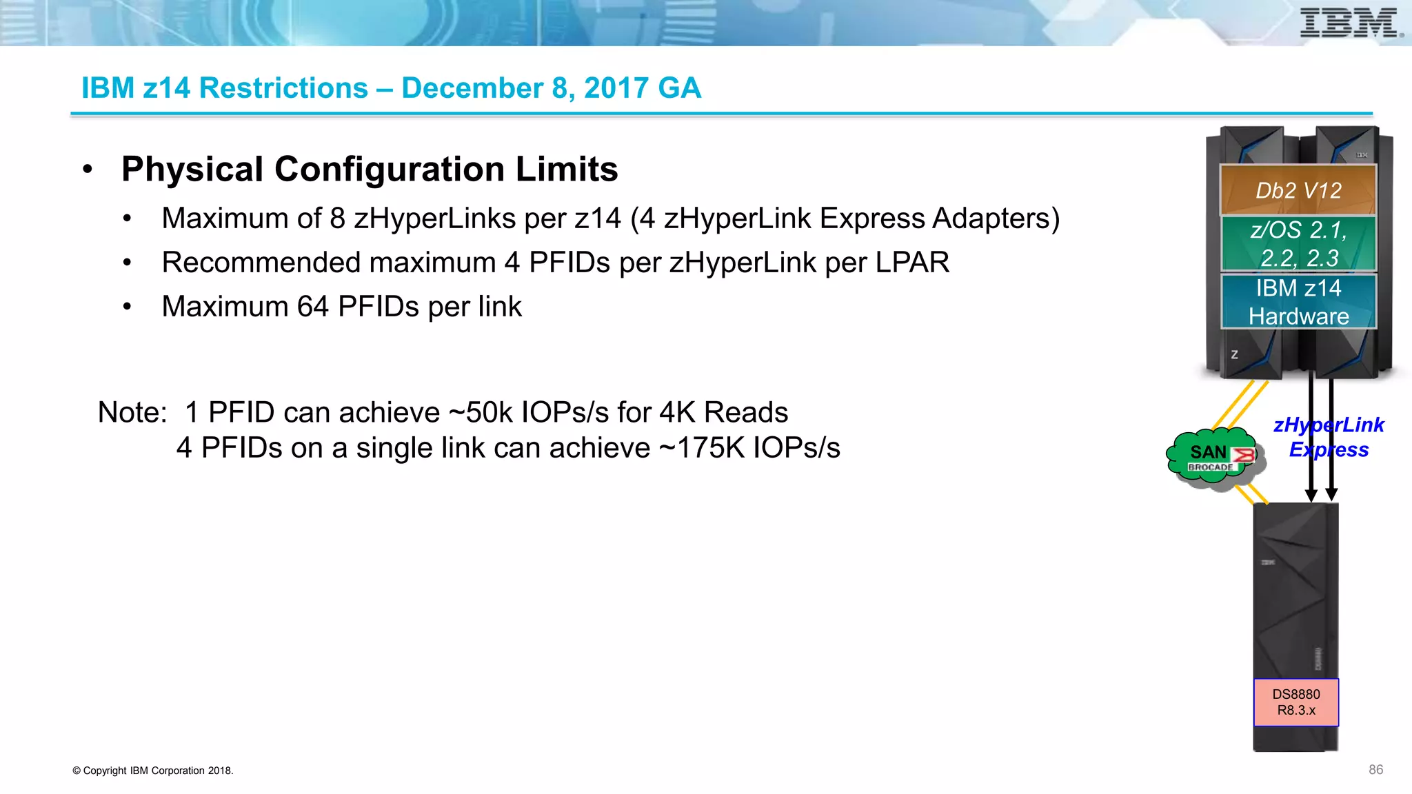© Copyright IBM Corporation 2018.
IBM z14 Restrictions – December 8, 2017 GA
• Physical Configuration Limits
• Maximum of 8 zHyperLinks per z14 (4 zHyperLink Express Adapters)
• Recommended maximum 4 PFIDs per zHyperLink per LPAR
• Maximum 64 PFIDs per link
Note: 1 PFID can achieve ~50k IOPs/s for 4K Reads
4 PFIDs on a single link can achieve ~175K IOPs/s
86
z/OS 2.1,
2.2, 2.3
IBM z14
Hardware
Db2 V12
zHyperLink
ExpressSAN
DS8880
R8.3.x
 