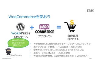 7Page? 2016 IBM Corporation 7Page? 2016 IBM Corporation
WooCommerceʹ
? WordpressECCܤ֤륪`ץ󥽩`Υץ饰
? Ӌ`ϡ1,450򳬤20166?
? ȫΥͥåȥåפ30%Ϥ?Ƥ
? ¥Щ`2.5.5 20163?
? WooThemes_kAutomattic礬I 20155?
WordPress
ECǤ
ʩ`
?֌?
EC
+ =
CMSĩ` ץ饰
$
WooThemes
 