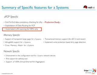 - Production Ready -
z Systems
z Systems
z Systems
z Systems
© Copyright Red Hat Inc 2015
Summary of Specific features for z Systems
 