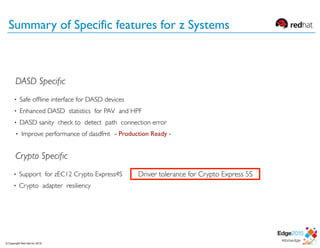 - Production Ready -
© Copyright Red Hat Inc 2015
Summary of Specific features for z Systems
Driver tolerance for Crypto Express 5S
 
