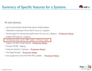 - Production Ready -
- Production Ready -
- Production Ready -
- Production Ready -
- Production Ready -
z Systems
z Systems
z Systems
z Systems
© Copyright Red Hat Inc 2015
Summary of Specific features for z Systems
 