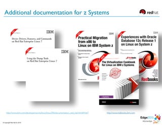 http://www.ibm.com/developerworks/linux/linux390/documentation_red_hat.html#rhel7 http://www.redbooks.ibm.com
Draft Document for Review May 6, 2015 7:19 am SG24-8147-01
Redbooks
Front cover
The Virtualization Cookbook
for Linux on IBM z Systems
Lydia Parziale
Berthold Gunreben
Filipe Miranda
Paul W Novak
Ken Werner
© Copyright Red Hat Inc 2015
Additional documentation for z Systems
 