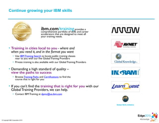 © Copyright IBM Corporation 2015
Continue growing your IBM skills
ibm.com/training provides a 
comprehensive portfolio of skills and career 
accelerators that are designed to meet all  
your training needs.
 
• Training in cities local to you - where and  
when you need it, and in the format you want
• Use IBM Training Search to locate public training classes  
near to you with our five Global Training Providers
• Private training is also available with our Global Training Providers 
• Demanding a high standard of quality –  
view the paths to success
• Browse Training Paths and Certifications to find the  
course that is right for you 
• If you can’t find the training that is right for you with our
Global Training Providers, we can help.
• Contact IBM Training at dpmc@us.ibm.com
Global Skills Initiative
 