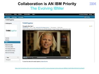 https://w3-connections.ibm.com/communities/service/html /communityview?communityUuid=30f982c3-616f-4b5b-9978-3b711e1fda79
Collaboration is AN IBM Priority
The Evolving IBMer
 