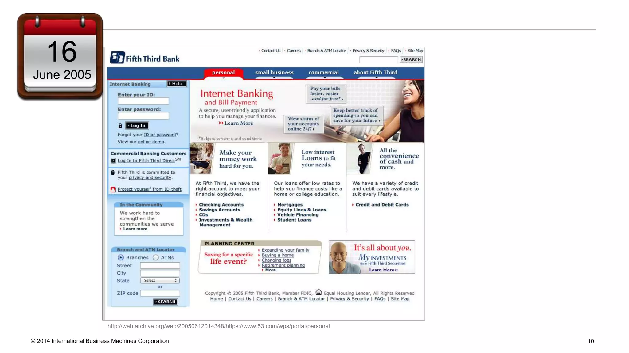 © 2014 International Business Machines Corporation 10
http://web.archive.org/web/20050612014348/https://www.53.com/wps/portal/personal
16
June 2005
 