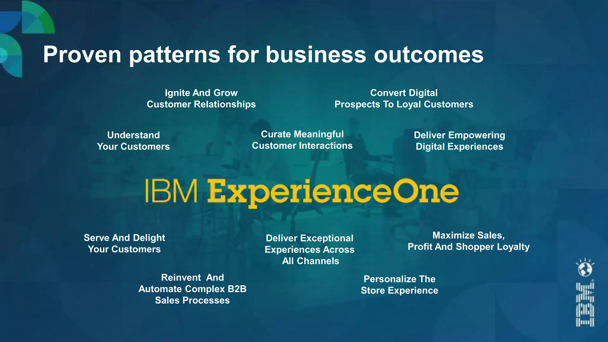 Ignite And Grow
Customer Relationships
Convert Digital
Prospects To Loyal Customers
Curate Meaningful
Customer Interactions
Deliver Empowering
Digital Experiences
Understand
Your Customers
Deliver Exceptional
Experiences Across
All Channels
Maximize Sales,
Profit And Shopper Loyalty
Serve And Delight
Your Customers
Reinvent And
Automate Complex B2B
Sales Processes
Personalize The
Store Experience
Proven patterns for business outcomes
 