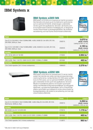 IBM System x
                                                   IBM System x3100 M4
                                                   IBM system x3100 M4 er en towerserver med én processor.
                                                   Den benytter entry level cpu'er fra Intelmed to og fire kerner,
                                                   som er optimeret til Intel 64, så teknologien understøtter
                                                   32-bits og 64-bits applikationer. serveren, der leveres som
                                                   en kompakt towermodel til en fordelagtig pris, er designet til
                                                   mindre virksomheder og førstegangskøbere, der ønskeren
                                                   serverløsning, som kan styrke virksomhedens effektivitet.


 Model                                                                                      Partnr.                                   Listepris

 Core 2C i3-2100 65W 3.1GHz/1333MHz/3MB, 1x2GB, 250GB SS 3.5in SATA, SR C100,                                                    3.670 kr.
                                                                                            2582E1G                          ekskl. moms
 DVD-ROM, 350W p/s, Tower
                                                                                                                      Leasing fra 98 kr. pr. md.

 Xeon 4C E3-1220 80W 3.1GHz/1333MHz/8MB, 1x2GB, 250GB SS 3.5in SATA, SR C100,                                                    4.195 kr.
                                                                                            2582E2G                           ekskl. moms
 DVD-ROM, 350W p/s, Tower
                                                                                                                     Leasing fra 112 kr. pr. md.
 Harddisk
 2TB 7.2K NL SATA 3.5" SS HDD                                                               41Y8284                            2.994 kr.*
 Hukommelse
 2GB (1x2GB, 1Rx8, 1.5V) PC3-10600 CL9 ECC DDR3 1333MHz LP UDIMM                            90Y4566                               463 kr.*
 ServicePac
 3 års Onsite reparation 24x7 (4 timers onsiteservice)                                      40M6920                            2.279 kr.*


                                                   IBM System x3250 M4
                                                   IBM system x3250 M4 er en rackoptimeret 1u-server med én
                                                   sokkel. Den benytter den sidste nye Intel-processorteknologi
                                                   med to og fire kerner, nemlig Intel Xeon E3-1200-serien og Intel
                                                   Core i3-2100-serien, som er optimeret til EM64T, så teknolo-
                                                   gien understøtter 32-bits og 64-bits applikationer. serveren
                                                   tilbyder en enestående ydeevne i et innovativt og kompakt
                                                   design med fleksible konfigurationsindstillinger og indbyggede
                                                   sikkerheds- og systemstyringsfaciliteter. Den er omkostnings-
                                                   effektiv og kompakt og er designet til mindre virksomheder og
                                                   førstegangskøbere, der ønsker en serverløsning, som kan øge
                                                   virksomhedens effektivitet.


 Model                                                                                      Partnr.                                   Listepris

 Core 2C i3-2100 65W 3.1GHz/1333MHz/3MB, 1x2GB, O/Bay SS 3.5in SATA, SR C100,                                                    5.206 kr.
                                                                                            2583E1G                           ekskl. moms
 Multi-Burner, 300W p/s, Rack
                                                                                                                     Leasing fra 139 kr. pr. md.
 Harddisk
 IBM 500GB 3.5in SS 7.2K SATA HDD                                                           41Y8218                            1.179 kr.*
 Hukommelse
 2GB (1x2GB, 1Rx8, 1.5V) PC3-10600 CL9 ECC DDR3 1333MHz LP UDIMM                            90Y4566                               463 kr.*
 ServicePac
 3 års Onsite reparation 24x7 (4 timers onsiteservice)                                      51J8875                               983 kr.*


* Alle priser er ekskl. moms og er listepriser.                                                                                                    10
 