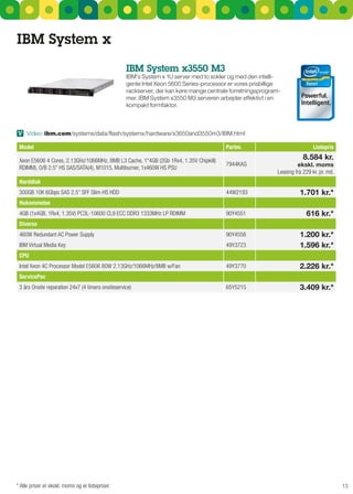 IBM System x
                                                   IBM System x3550 M3
                                                   IBM’s system x 1u server med to sokler og med den intelli-
                                                   gente Intel Xeon 5600 series-processor er vores prisbillige
                                                   rackserver, der kan køre mange centrale forretningsprogram-
                                                   mer. IBM system x3550 M3 serveren arbejder effektivt i en
                                                   kompakt formfaktor.



V Video: ibm.com/systems/data/flash/systemx/hardware/x3650and3550m3/IBM.html

 Model                                                                                   Partnr.                             Listepris

 Xeon E5606 4 Cores, 2.13GHz/1066MHz, 8MB L3 Cache, 1*4GB (2Gb 1Rx4, 1.35V Chipkill)                                    8.584 kr.
                                                                                         7944KAG                     ekskl. moms
 RDIMM), O/B 2.5" HS SAS/SATA(4), M1015, Multiburner, 1x460W HS PSU
                                                                                                            Leasing fra 229 kr. pr. md.
 Harddisk
 300GB 10K 6Gbps SAS 2.5” SFF Slim-HS HDD                                                44W2193                      1.701 kr.*
 Hukommelse
 4GB (1x4GB, 1Rx4, 1.35V) PC3L-10600 CL9 ECC DDR3 1333MHz LP RDIMM                       90Y4551                         616 kr.*
 Diverse
 460W Redundant AC Power Supply                                                          90Y4558                      1.200 kr.*
 IBM Virtual Media Key                                                                   49Y3723                      1.596 kr.*
 CPU
 Intel Xeon 4C Processor Model E5606 80W 2.13GHz/1066MHz/8MB w/Fan                       49Y3770                      2.226 kr.*
 ServicePac
 3 års Onsite reparation 24x7 (4 timers onsiteservice)                                   65Y5215                      3.409 kr.*




* Alle priser er ekskl. moms og er listepriser.                                                                                           13
 