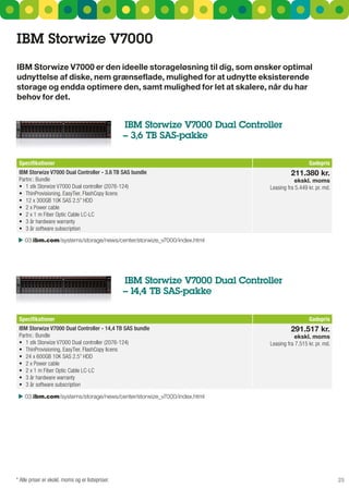 IBM Storwize V7000
IBM Storwize V7000 er den ideelle storageløsning til dig, som ønsker optimal
udnyttelse af diske, nem grænseflade, mulighed for at udnytte eksisterende
storage og endda optimere den, samt mulighed for let at skalere, når du har
behov for det.


                                                  IBM Storwize V7000 dual controller
                                                  – 3,6 TB SaS-pakke

 Specifikationer                                                                                   Gadepris
 IBM Storwize V7000 Dual Controller - 3.6 TB SAS bundle                                    211.380 kr.
 Partnr.: Bundle                                                                             ekskl. moms
 •	 1	stk	Storwize	V7000	Dual	controller	(2076-124)                              Leasing fra 5.449 kr. pr. md.
 •	 ThinProvisioning,	EasyTier,	FlashCopy	licens
 •	 12	x	300GB	10K	SAS	2.5”	HDD
 •	 2	x	Power	cable
 •	 2	x	1	m	Fiber	Optic	Cable	LC-LC
 •	 3	år	hardware	warranty
 •	 3	år	software	subscription
  03.ibm.com/systems/storage/news/center/storwize_v7000/index.html




                                                  IBM Storwize V7000 dual controller
                                                  – 14,4 TB SaS-pakke

 Specifikationer                                                                                   Gadepris
 IBM Storwize V7000 Dual Controller - 14,4 TB SAS bundle                                   291.517 kr.
 Partnr.: Bundle                                                                             ekskl. moms
 •	 1	stk	Storwize	V7000	Dual	controller	(2076-124)                              Leasing fra 7.515 kr. pr. md.
 •	 ThinProvisioning,	EasyTier,	FlashCopy	licens
 •	 24	x	600GB	10K	SAS	2.5”	HDD
 •	 2	x	Power	cable
 •	 2	x	1	m	Fiber	Optic	Cable	LC-LC
 •	 3	år	hardware	warranty
 •	 3	år	software	subscription

  03.ibm.com/systems/storage/news/center/storwize_v7000/index.html




* Alle priser er ekskl. moms og er listepriser.                                                                  23
 