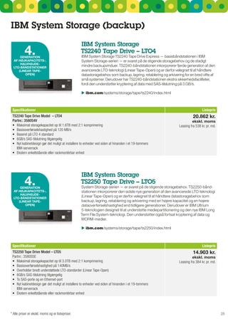 IBM System Storage (backup)
                                                  IBM System Storage
          4.
      gENEraTION
                                                  TS2240 Tape drive – LTO4
                                                  IBM system storage Ts2240 Tape Drive Express — basisbåndstationen i IBM
  aF HøjKaPacITETS-,                              system storage-serien — er svaret på de stigende storagebehov og de stadigt
      HalVHøjdE-
  lTO-BåNdSTaTIONEr
                                                  mindre backupvinduer. Ts2240-båndstationen inkorporerer fjerde generation af den
     (lINEar TaPE-                                avancerede LTO-teknologi (Linear Tape-Open) og er derfor velegnet til at håndtere
         OPEN)                                    datastoragebehov som backup, lagring, retablering og arkivering for en bred vifte af
                                                  små systemer. Derudover har Ts2240-båndstationen ekstra sikkerhedsfaciliteter,
                                                  fordi den understøtter kryptering af data med sAs-tilslutning på 3 gB/s.

                                                   ibm.com/systems/storage/tape/ts2240/index.html



 Specifikationer                                                                                                                Listepris
 TS2240 Tape Drive Model – LTO4                                                                                          20.862 kr.
 Partnr.: 3580S4V                                                                                                       ekskl. moms
 •	 Maksimal	storagekapacitet	op	til	1.6TB	med	2:1	komprimering                                                Leasing fra 538 kr. pr. md.
 •	 Basisoverførselshastighed	på	120	MB/s
 •	 Baseret	på	LTO	4	standard
 •	 6GB/s	SAS-tilslutning	tilgængelig
 •	 Nyt	kabinetdesign	gør	det	muligt	at	installere	to	enheder	ved	siden	af	hinanden	i	et	19-tommers	
    IBM-serverrack
 •	 Ekstern	enkeltstående	eller	rackmontérbar	enhed	




                                                  IBM System Storage
          4.
      gENEraTION
                                                  TS2250 Tape drive – LTO5
                                                  system storage-serien — er svaret på de stigende storagebehov. Ts2250-bånd-
  aF HøjKaPacITETS-,                              stationen inkorporerer den sidste nye generation af den avancerede LTO-teknologi
      HalVHøjdE-
  lTO-BåNdSTaTIONEr
                                                  (Linear Tape-Open) og er derfor velegnet til at håndtere datastoragebehov som
     (lINEar TaPE-                                backup, lagring, retablering og arkivering med en højere kapacitet og en højere
         OPEN)                                    dataoverførselshastighed end tidligere generationer. Derudover er IBM ultrium
                                                  5-teknologien designet til at understøtte mediepartitionering og den nye IBM Long
                                                  Term File system-teknologi. Den understøtter også fortsat kryptering af data og
                                                  WOrM-medier.

                                                   ibm.com/systems/storage/tape/ts2250/index.html



 Specifikationer                                                                                                                Listepris
 TS2250 Tape Drive Model – LTO5                                                                                          14.903 kr.
 Partnr.: 3580S5E                                                                                                       ekskl. moms
 •	 Maksimal	storagekapacitet	op	til	3.0TB	med	2:1	komprimering                                                Leasing fra 384 kr. pr. md.
 •	 Basisoverførselshastighed	på	140MB/s
 •	 Overholder	bredt	understøttede	LTO-standarder	(Linear	Tape-Open)
 •	 6GB/s	SAS-tilslutning	tilgængelig
 •	 To	SAS-porte	og	en	Ethernet-port
 •	 Nyt	kabinetdesign	gør	det	muligt	at	installere	to	enheder	ved	siden	af	hinanden	i	et	19-tommers	
    IBM-serverrack
 •	 Ekstern	enkeltstående	eller	rackmontérbar	enhed	




* Alle priser er ekskl. moms og er listepriser.                                                                                              25
 