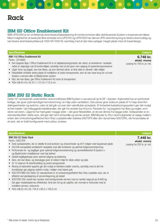 rack
IBM 11u Office Enablement Kit
IBM uPs1500 er en omfattende strømbeskyttelsesløsning til mindre kontorer eller distribuerede system x-towerser vermiljøer.
Med mulighed for at beskytte flere enheder end uPs750 og uPs1000 har denne uPs-strømforsyning to ekstra strømudtag og
kan levere strømbeskyttelse på 1500 VA/1050 W, samtidig med at den ikke optager meget plads med sit towerdesign.



 Specifikationer                                                                                                                    Listepris
 IBM 11U Office Enablement Kit                                                                                                 6.748 kr.
 Partnr.: 201886X                                                                                                           ekskl. moms
 •	 Den	bageste	låge	i	Office	Enablement	Kit	er	et	støjdæmpningsmodul,	der	sikrer,	at	enhederne	i	rackkabi-        Leasing fra 183 kr. pr. md.
    nettet er støjsvage nok til kontormiljøet, samtidig med at det giver nem adgang til systemkomponenterne
 •	 Låger	foran	og	bagpå,	som	kan	låses,	og	som	dermed	sikrer,	at	dine	data	er	sikrede	i	alle	miljøer
 •	 Fleksibilitet	omfatter	ekstra	plads	til	installation	af	andre	komponenter,	som	du	kan	have	brug	for	ud	over	
    System x-servere eller et BladeCenter-system
 •	 Hjul,	der	kan	låses,	gør	Office	Enablement	Kit	nemt	at	transportere	
 •	 Ydre	mål	(H	x	B	x	D):	61,1	x	51,8	x	115,5	cm



IBM 25u S2 Static rack
Dette 19” rackkabinet understøtter rackmontérbare IBM system x-servere på op til 28” i dybden. Kabinettet har en perforeret
forlåge, der giver optimal luftgennemstrømning i et miljø uden ventilation. Derudover giver siderum plads til 1u høje strømfor-
delingsenheder og switche, uden at det går ud over den værdifulde rackplads. Et forbedret kabelstyringssystem gør det muligt
at føre kabler i de indbyggede kabelkanaler, der går fra rackets top til bund. rackets for- og bagdøre har låse og nøgler, som
sikrer serveren. Lågerne har hængsler i begge sider – det giver fleksibilitet, at de kan åbnes fra begge sider. sidepaneler er en
standardfacilitet i dette rack, det gør det nemt at bestille og sende racket. IBM tilbyder to 25u-rackmuligheder at vælge mellem,
enten den omkostningseffektive non ship Loadable eller statiske 93072PX eller den dynamiske 93072rX, når forsendelse af
et rack, der er fuldt konfigureret med udstyr, ønskes.



 Specifikationer                                                                                                                    Listepris
 IBM 25U S2 Static Rack                                                                                                        7.448 kr.
 Partnr.: 93072PX                                                                                                           ekskl. moms
 •	 Små	rackkabinetter,	der	er	idéelle	til	små	kontorer	og	virksomheder	og	til	IT-miljøer	med	begrænset	plads      Leasing fra 202 kr. pr. md.
 •	 25U	EIA-kompatibel	ventilatorfri	rackplads	med	alle	funktioner	og	optimal	luftgennemstrømning	
 •	 Perforerede	for-	og	baglåger	giver	optimal	luftgennemstrømning	og	varmeeffektivitet	til	System	x-	
    og BladeCenter-installationer med høj tæthed
 •	 Opdelt	baglågedesign	giver	optimal	adgang	og	betjening
 •	 Døre,	der	kan	låses,	og	sidevægge	giver	et	sikkert	miljø	for	både	udstyr	og	data
 •	 To	1U	siderum	til	strømfordeling	og	andre	komponenter
 •	 Åbning	af	kabinettet	oppefra	gør	det	muligt	at	håndtere	kabler	ovenfra,	samtidig	med	at	det	frie	
    bunddesign gør adgang nedefra mulig i miljøer med hævet gulv
 •	 93072PX	IBM	25U	Static	S2-standardrack	er	et	omkostningseffektivt	Non	Ship	Loadable-rack,	der	er	
    effektivt ved planlægning af serverintegrering på stedet
 •	 93072RX	25U-racket	kan	sendes	med	konfigurerede	servere	med	en	samlet	vægt	på	op	til	600	kg
    Det øger medarbejdernes effektivitet, fordi den tid og de udgifter, der normalt er forbundet med at
    installere servere, reduceres
 •	 Ydre	mål	(H	x	B	x	D):	134,4	x	60,5	x	100,0	cm	




* Alle priser er ekskl. moms og er listepriser.                                                                                                  29
 