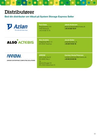 distributører
Bed din distributør om tilbud på System Storage Express Seller


                              Tech data              jakob andersen
                              Bregnerødvej 144       jakob.andersen@techdata.dk
                              3460 Birkerød          +45 44 88 78 07
                              +45 44 88 75 75




                              also actebis           jacob Zeiler
                              Helgeshøj Allé 8-10    jzeiler@actebis.dk
                              DK-2630 Taastrup       +45 28 10 55 16




                              arrOW                  carsten Hardy Petersen
                              Jens Juuls Vej 42      carsten.petersen@arrowecs.dk
                              DK-8260 Viby J         +45 60 23 60 06
                              og
                              Islands Brygge 43
                              DK-2300 København s




                                                                                    35
 