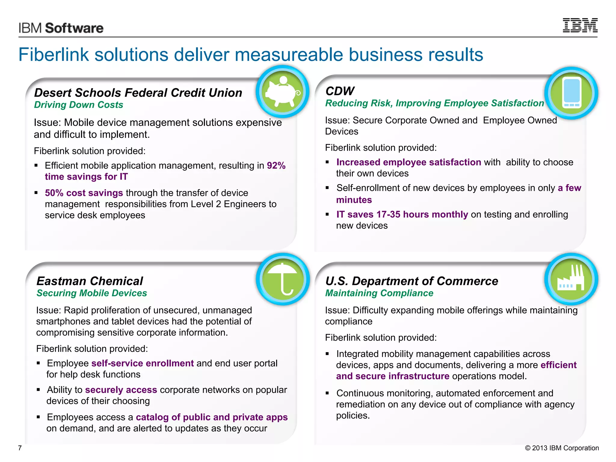 Fiberlink solutions deliver measureable business results
Desert Schools Federal Credit Union

CDW

Driving Down Costs

Reducing Risk, Improving Employee Satisfaction

Issue: Mobile device management solutions expensive
and difficult to implement.

Issue: Secure Corporate Owned and Employee Owned
Devices

Fiberlink solution provided:

Fiberlink solution provided:

§  Efficient mobile application management, resulting in 92%
time savings for IT

§  Increased employee satisfaction with ability to choose
their own devices

§  50% cost savings through the transfer of device
management responsibilities from Level 2 Engineers to
service desk employees

§  Self-enrollment of new devices by employees in only a few
minutes
§  IT saves 17-35 hours monthly on testing and enrolling
new devices

Eastman Chemical

U.S. Department of Commerce

Securing Mobile Devices

Maintaining Compliance

Issue: Rapid proliferation of unsecured, unmanaged
smartphones and tablet devices had the potential of
compromising sensitive corporate information.

Issue: Difficulty expanding mobile offerings while maintaining
compliance

Fiberlink solution provided:
§  Employee self-service enrollment and end user portal
for help desk functions
§  Ability to securely access corporate networks on popular
devices of their choosing
§  Employees access a catalog of public and private apps
on demand, and are alerted to updates as they occur
7

Fiberlink solution provided:
§  Integrated mobility management capabilities across
devices, apps and documents, delivering a more efficient
and secure infrastructure operations model.
§  Continuous monitoring, automated enforcement and
remediation on any device out of compliance with agency
policies.

© 2013 IBM Corporation

 