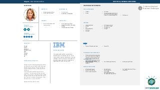 Margaret | Chief Information Officer ECOSYSTEM | LEARNING & NETWORKING
ECOSYSTEM LEARNING & NETWORKING
REPORTS TO
• Chief Executive Officer
• Chief Finance Officer
INFLUENCED BY
• C-suite execs
• business unit leaders
MANAGES
• VP of IT Operations and
Infrastructure
WORKS WITH
• Chief Operating Officer
• Chief Information Security
Officer
• Chief Executive Officer
Margaret's
Purchase Authority
Margaret's
Vendor Selection Role
Competition
Google
Oracle
Microsoft
Salesforce.com
AWS
Tableau
Splunk
HP
Attitude toward competitors
Competitors are loudly messaging their ability
to address enterprise hybrid cloud challenges.
Competitors have assets and partnerships in
place to differentiate their value proposition
for hybrid
CIOs perceive Microsoft as a path of least
resistance, “Use what you already have and
know”. Accenture as a cloud brokerage, “Make
the digital conversation about business and IT”.
And, Oracle as a reducer of complexity, “Stay
where you are, it’s scary out there”.
Competitors with specific areas ...
Relationship with IBM
CIOs understand the IBM view of digital
transformation in individual pieces – cloud,
social, mobile, analytics and security - but the
challenge is that there are so many players in
the digital space, they feel it’s important to
understand how all of the pieces fit.
Veto Power
SOCIAL NETWORKING
• LinkedIn
• Twitter
• CIO Forum
• Technology Leadership Network
CIO CTO CEO Chief information
Officer IT Director Manager CFO • CIO Network
LEARNING
• Information Week
• WIRED
• CIO
• ComputerWeekly
• CIO Zone
• CIO.com
• CIO Executive Council
• Forrester CIO Forum
• CIO Magazine
• CIO.gov
EVENTS
• Gartner CIO Leadership Forum • Evanta CIO
COMMUNICATION PREFERENCES
• CIOs value face to face interactions
and are less robust users of digital
than CMOs; that being said, when
doing research, they use vendor,
analyst, trade publication websites
and online communities to
discover and learn.
LEARNING STYLE
• Logical (using logic, reasoning and
systems);
• Social (learning with others); • Solitary (using self-study
EXTERNAL INFLUENCERS
• R Ray Wang @rwang0
• David A. Bray @fcc_cio
• Wall Street Journal @WSJ
• Robert Schmidt
@ambassadorcio
• Omar Todd
@OmarSeaShepherd
• Joseph Seibert @jnseibert
• The Top 100 Most Social CIOs on
Twitter 2015
Consumer Inspired
Business Challenges2
 