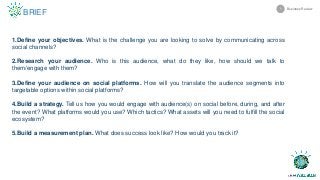 1.Define your objectives. What is the challenge you are looking to solve by communicating across
social channels?
2.Research your audience. Who is this audience, what do they like, how should we talk to
them/engage with them?
3.Define your audience on social platforms. How will you translate the audience segments into
targetable options within social platforms?
4.Build a strategy. Tell us how you would engage with audience(s) on social before, during, and after
the event? What platforms would you use? Which tactics? What assets will you need to fulfill the social
ecosystem?
5.Build a measurement plan. What does success look like? How would you track it?
BRIEF
Business Review1
 
