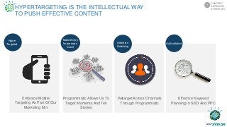 Embrace Mobile
Targeting As Part Of Our
Marketing Mix
Programmatic Allows Us To
Target Moments And Tell
Stories
Retarget Across Channels
Through Programmatic
Effective Keyword
Planning In SEO And PPC
Hyper
Targeted
Attention
Grabbing
Make Every
Impression
Count
Authoritative
CONTENT
CATEGORY
STRATEGTY
5
HYPERTARGETING IS THE INTELLECTUAL WAY
TO PUSH EFFECTIVE CONTENT
 