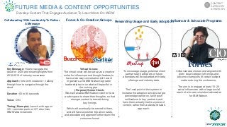 Collaborating With Leadership To Deliver
A Message
Virtual Voices:
The virtual voice will be set-up as a creative
outlet for influencers and thought leaders to
have a two-way conversation with event
organizers, and IBM Watson;s greater
leadership team on what will impactful in
the coming year.
(Purpose) Sense Check:
We want enable IBM Watson client to have
a safe space to share their thoughts, so that
stronger content is served during
key timings
--
Which will eventually be served to them,
and will have a positive impact on sales,
and associate engagement further down the
consumer funnel
Key Message: How to navigate the
cloud for 2020 and show highlights from
2018-2019 of industry successes
Approach: Intro with voiceover – talking
through how to navigate through the
cloud
Duration: 60 to 90 seconds
Voice: CTO
Timing (Example): Launch with app on
3/5 – reminder push on 3/7, also lives
IBM Watson channels
Rewarding Usage and Early AdoptionFocus & Co-Creation Groups Influencer & Advocate Programs
To encourage usage, potential client
partners early adopters or future
attendees will be rewarded with beta
offerings and industry data.
The focal point of the system to
increase the adoption rate by a larger
percentage earlier on, tailor push
notifications to key partners, and
have them actually tied to a piece of
content, rather then a standard sales
approach.
Influencers be chosen and aligned with
given cloud category offerings, and
become champions of certain subject
matters during the conference.
The aim is to engage at least 15- 20
social influencers with a large social
reach of who are consistent advocates
for IBM Watson.
Develop Content That Engages Audience To Learn More On WOW
CONTENT
CATEGORY
STRATEGTY
5
FUTURE MEDIA & CONTENT OPPORTUNITIES
 