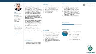 Doug | Chief Financial Officer
Doug
Chief Financial Officer
ALSO KNOWN AS
Comptroller/ Controller (in
Public Sector)
CFO
LOB/Division VP of Finance
Senior Vice President of
Finance
Finance Director
METHODOLOGY
3: Plus Quantitative
Date: June 2016 (Buyer
profile owners: Maureen
Daley/Worcester/IBM, Tony
Levy/Minneapolis/IBM,
Denise
Knorr/Jacksonville/IBM,
Spencer G Lin/Chicago/IBM)
PERSONA CODE
C05
Bio
Doug works as a corporate Chief Financial Officer
(CFO) where he is primarily responsible for
managing the finance operations, business
operations and risks for his large enterprise.
However, Doug’s role is evolving. He is transitioning
more traditional business and finance management
responsibilities to the divisional controllers/
financial officers and finance team, and taking on
more strategic influence within his organization.
In many cases taking on the responsibilities of the
Chief Operations Officers (COO), Doug is more
heavily involved in business strategy to improve the
performance of his company.
With up to 45 percent of Chief Information Officers
(CIO) now reporting to CFOs, Doug is becoming
ultimate decision maker for IT—both in controlling
the finance and approving the investment. He sees
this as bringing balance to the funding of innovation
and applying discipline to the process.
Doug works as a corporate Chief Financial Officer
(CFO) where he is primarily responsible for
managing the finance operations, business
operations and risks for his large enterprise.
However, Doug’s role is evolving. He is transitioning
...
Personal Motivation
• Maintain reputation, high status, recognition
and acknowledgement in the eyes of others.
Challenges
• Contend with economic uncertainty and
volatility.
• Balance growth and innovation with cost
savings and risk management.
• Attract and retain qualified employees.
• Adhere to regulatory requirements.
• Secure access to capital.
• Ensure data security.
Responsibilities
• Oversee the company's cash flow, major capital
investments, owned assets, acquisitions and
divestitures, and company’s growth strategy.
• Measure and monitor business performance.
• Build agile and integrated strategic and
operational plans and align operating models.
• Help the CFO role increase in significance
relative to other C-level roles.
• Face the changing regulatory environment.
• Leverage the latest technologies in areas under
the CFO purview.
Evaluated On
• Achieving positive performance metrics
• Managing cash flow
• Increasing profit, as measured by Earnings
Before Interest, Taxes, Depreciation and
Amortization (EBIDTA) and other mechanisms.
• Securing high return on investment (ROI)
• Providing input to enterprise strategy, driving
integration cross the enterprise and acting
more as natural ally to the CEO (i.e., coming out
of the traditional “finance” role)
• Ensuring that the company is financially sound
Thought Process
LONG-TERM STRATEGICOPERATIONAL
Work Time Spent
SUMMARY
20% Strategic decision making
40% Finance operations
30% Planning and performance
management
10% Managing finance team
Consumer Inspired
Business Challenges2
 