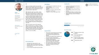 Wayne | Analytics Leader
Wayne
Analytics Leader
ALSO KNOWN AS
Chief Data Officer
Analytics Manager
VP Analytics
Chief Technology Officer and
Technology Research
Chief Data Scientist
METHODOLOGY
01 (validated with SMEs or
sellers)
June 2015
PERSONA CODE
C11
Bio
Wayne is an Analytics Leader at a Fortune 500
organization. He manages a team that is made up of
business analysts with some data scientists and he
tends to work very closely with directors and vice
presidents within his organization.
Wayne began his career as an analyst—he was
always very good with numbers. His true gift is in
being able to understand what is possible with data
—how best to extract it, what form it needs to take
– and then translating that knowledge into line-of-
business strategies. Typically, Wayne will spend
more time on those business functions that have
the most data and are most critical to the business.
Wayne also works with specialized analysis groups
found within organizations, including actuaries,
financial analysts, risk profilers, marketing analysts
and others.
Wayne was hired into his role after leadership
determined that there were multiple, overlapping
initiatives centered on applying analytics occurring
within multiple lines of business. There was also an
insufficient number of internal resources within the
lines of business that were able to do high level
analysis, so a lot of consulting ...
Personal Motivation
• Advance/be promoted into the C-suite.
• Establish analytics as a vital business function.
• Be perceived as a leader within the organization
and among peers.
• Pursue endeavors that reflect the love of data.
Challenges
• Contending with organizational silos and
legacy systems
• Obtaining funding for the “art of the
possible”
• Dealing with analytical immaturity within
organization, at all levels
• Juggling too many competing priorities
Responsibilities
• Provide vision for the potential use of analytics
(“art of the possible”) throughout the
organization by leveraging industry best
practices.
• Understand emerging analytic capabilities and
evaluate how these may be applied.
• Introduce innovation within functions and
throughout the organization.
• Promote analytic collaboration and best
practices throughout the organization.
• Encourage learning and experimentation.
• Tear down functional and departmental
boundaries to facilitate the sharing of
experiences.
Evaluated On
• Implementing a high volume of solutions
• Attaining projected ROI
• Actively participating in the community of
analytic users
• Cross pollinating analytic solutions among
functions
• Promoting the adoption of analytic tools by
business analysts and business professionals
• Utilizing the Analytic Center of Excellence
(COE/CC)
Thought Process
LONG-TERM STRATEGICOPERATIONAL
Work Time Spent
SUMMARY
40% Creating a vision/art of the
possible
25% Fostering collaboration
around analytics
5% Experimenting/Evaluating
new concepts/approaches
30% Sharing best practices
Consumer Inspired
Business Challenges2
 