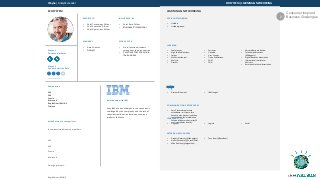 Wayne | Analytics Leader ECOSYSTEM | LEARNING & NETWORKING
ECOSYSTEM LEARNING & NETWORKING
REPORTS TO
• Chief Technology Officer
• Chief Executive Officer
• Chief Operations Officer
INFLUENCED BY
• Chief Data Officer
• Business Professional
MANAGES
• Data Scientist
• Analyst
WORKS WITH
• Cross-functional leaders
throughout the organization
• Functions that are core to
the business
Wayne's
Purchase Authority
Wayne's
Vendor Selection Role
Competition
SAS
SAP
Oracle
Microsoft
RapidMiner/KMINE
Tableau
Attitude toward competitors
Incumbent/traditional competitors:
SAS
SAP
Oracle
Microsoft
Emerging threats:
RapidMiner/KMINE
Relationship with IBM
Sees IBM as a heavyweight in the space but is
challenged by the complexity and the lack of
cohesion/coordination between the many
products IBM have.
Decision Maker
SOCIAL NETWORKING
• LinkedIn
• Linkedin groups:
LEARNING
• Conferences
• High-End Publications:
• Forbes
• Wall Street Journal
• Analysts:
• Gartner
• Forrester
• LinkedIn
• User Groups
• Trade Publications:
• CNET
• CNN
• Harvard Business Review
• Technical publications
(KDNuggets)
• Digital Analytics Association
• International Institute for
Analytics
• American Statistical Association
EVENTS
• Gartner BI Summit • IBM Insight
COMMUNICATION PREFERENCES
• Small, focused conference
attendance – will come for a
keynote, may present, and then
leaves. Reads social media and
follows influencers but rarely (if
ever) contributes directly.
LEARNING STYLE
• Linguistic • Logical • Social
EXTERNAL INFLUENCERS
• Gregory Piatetsky (@kdnuggets)
• Vineet Vashishta (@v_vashishta)
• Mike Gualtieri (@mgualtieri)
• Tony Baer (@TonyBaer)
Consumer Inspired
Business Challenges2
 