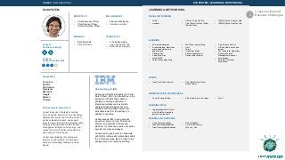 Venkat | Chief Data Officer ECOSYSTEM | LEARNING & NETWORKING
ECOSYSTEM LEARNING & NETWORKING
REPORTS TO
• Chief Executive Officer
• Chief Finance Officer
• Chief Information Officer
INFLUENCED BY
• Finance & Marketing
• Customer Insights
MANAGES
• Data Scientists
• Data Architects
WORKS WITH
• C-Suite Executives
• Line of Business VPs
• Performance Analysts
Venkat's
Purchase Authority
Venkat's
Vendor Selection Role
Competition
Accenture
Deloitte
Cap Gemini
Cognizant
Microsoft
Google
Nielsen
Tableau
Attitude toward competitors
Venkat relies upon strategic consulting
firms as trusted advisors to help him bridge
relationships across the C-Suite and line of
business leadership team, and expects
them to help to integrate the enterprise data
strategy to identify opportunities for data
management efficiency and synergy, and
realize the vision for data and analytics to
drive value for the business.
Venkat acknowledges that self-service
builders (i.e. developers) and business
users are increasingly leveraging cloud-
based ...
Relationship with IBM
Partnering with IBM is appealing for Chief
Data Officers (CDO) like Venkat due to the
perception that IBM brings depth of
strategic consulting experience in
integrating multiple sources of data,
applying analytical approaches and
solutions and translating analysis into
actionable insight for the business. In
addition to expertise,
Venkat expects IBM to bring analytics
innovation (such as Cloud, Twitter and
Watson) and analytics software and
platforms too that drive superior innovation,
security, accuracy and speed.
Venkat and his peers want to collaborate
with IBM to further edify relationships within
the C-Suite executive team in order to turn
strategic plans into reality by enabling ...
Decision Maker
SOCIAL NETWORKING
• Twitter
• LinkedIn
• CDO on Twitter (#CDO)
• Chief Data Officer on Twitter
(#DataOfficer)
• IBM Big Data & Analytics Hub
• IBM Big Data & Analytics Site
LEARNING
• Formalized education
• Executive group information
exchange and learning
opportunities
• Conferences
• Virtual Meet Ups
• Harvard/MIT
• Forbes Technology Blog
• Wall Street Journal Blog
• Cnet
• Wired
• Information Week
• Financial publications
• Gartner and Forrester
• Data Science Central
• O’Reilly Media books and
guides
• The Institute for Operations
Research and the
Management Sciences
• Associations:
• American Statistical
Association
EVENTS
• Chief Data Officer Summit • Chief Data Officer Virtual
Round Tables
COMMUNICATION PREFERENCES
• Face to Face preferred • Virtual meetings / exchanges • Email
LEARNING STYLE
• Logical pragmatists in style,
with the ability to develop
persuasive arguments
EXTERNAL INFLUENCERS
• Hilary Mason @hmason
• Jake Porway @jakeporway
• Drew Conway @drewconway
• DJ Patil @dpatil
• Cortnie Abercrombie
@cortnie_cdo
Consumer Inspired
Business Challenges2
 