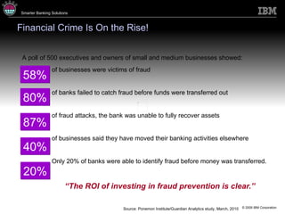 Financial Crime   I s  O n the  R ise! of businesses were victims of fraud of banks failed to catch fraud before funds were transferred out of fraud attacks, the bank was unable to fully recover assets of businesses said they have moved their banking activities elsewhere Only 20% of banks were able to identify fraud before money was transferred.  “ The ROI of investing in fraud prevention is clear.” 58% Source: Ponemon Institute/Guardian Analytics study, March, 2010 80% 87% 40% 20% A poll of 500 executives and owners of small and medium businesses showed: 