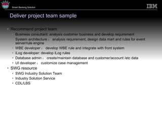 Deliver project team sample Recommend project team: Business consultant: analysis customer business and develop requirement System architecture ： analysis requirement, design data mart and rules for event server/rule engine WBE developer ： develop WBE rule and integrate with front system iLog developer: develop iLog rules Database admin ： create/maintain database and customer/account /etc data UI developer ： customize case management SWG resource SWG Industry Solution Team Industry Solution Service CDL/LBS 