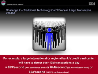 Challenge 2 – Traditional Technology Can’t Process Large Transaction Volume For example, a large international or regional bank’s credit card center will have to detect over 10M transactions a day = 623/second  (99% confidence level)  or 644/second  (99.9%confidence level)  or 663/second  (99.99% confidence level) 