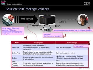 Solution from Package Vendors Transaction Score Action Model Blackbox? Need vendor to change ？ Other events (Change of Address, PIN error, replacement card, call center query, etc.) 1000’s Trax/Sec Is environment developing too fast to train the models?  Performance? Mode Description Disadvantage Real-Time Transaction scores in real time  &  recommendation send to authorization decision ing High  HW  requirement Online Plus Score is based on last transaction, send to authorization server for decision making 1st  fraud transaction is lost Online Enables analyst response, but no feedback to authorization No feedback to authorization decision Detection response depend on analyst action Near Online / Frequent Batch Score batch send to analyst workstations at pre-determined time intervals Time lag from transaction execution to analyst action may reduce effectiveness ？ ？ ？ ？ ？ ？ ？ ？ ？ ？ ？ ？ 