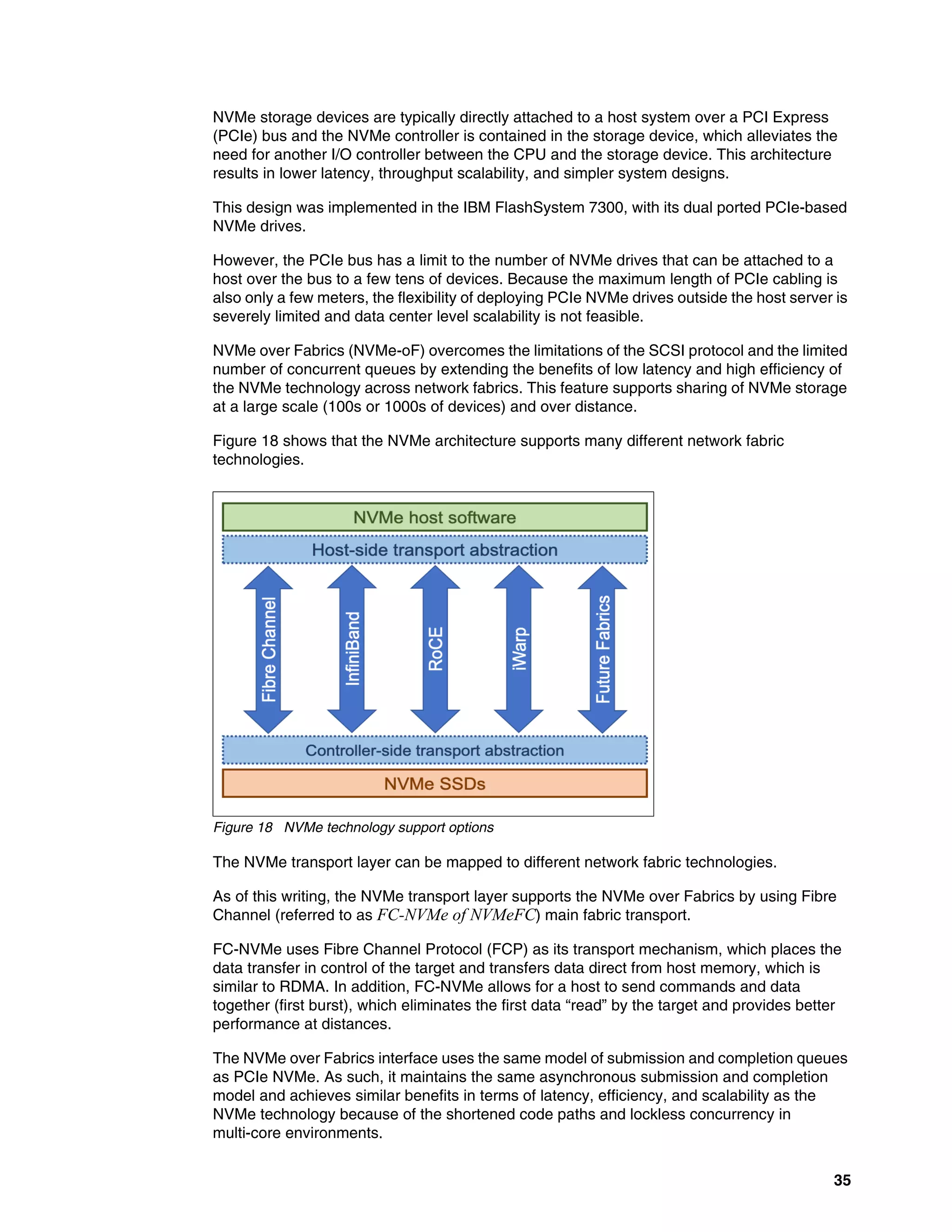 35
NVMe storage devices are typically directly attached to a host system over a PCI Express
(PCIe) bus and the NVMe controller is contained in the storage device, which alleviates the
need for another I/O controller between the CPU and the storage device. This architecture
results in lower latency, throughput scalability, and simpler system designs.
This design was implemented in the IBM FlashSystem 7300, with its dual ported PCIe-based
NVMe drives.
However, the PCIe bus has a limit to the number of NVMe drives that can be attached to a
host over the bus to a few tens of devices. Because the maximum length of PCIe cabling is
also only a few meters, the flexibility of deploying PCIe NVMe drives outside the host server is
severely limited and data center level scalability is not feasible.
NVMe over Fabrics (NVMe-oF) overcomes the limitations of the SCSI protocol and the limited
number of concurrent queues by extending the benefits of low latency and high efficiency of
the NVMe technology across network fabrics. This feature supports sharing of NVMe storage
at a large scale (100s or 1000s of devices) and over distance.
Figure 18 shows that the NVMe architecture supports many different network fabric
technologies.
Figure 18 NVMe technology support options
The NVMe transport layer can be mapped to different network fabric technologies.
As of this writing, the NVMe transport layer supports the NVMe over Fabrics by using Fibre
Channel (referred to as FC-NVMe of NVMeFC) main fabric transport.
FC-NVMe uses Fibre Channel Protocol (FCP) as its transport mechanism, which places the
data transfer in control of the target and transfers data direct from host memory, which is
similar to RDMA. In addition, FC-NVMe allows for a host to send commands and data
together (first burst), which eliminates the first data “read” by the target and provides better
performance at distances.
The NVMe over Fabrics interface uses the same model of submission and completion queues
as PCIe NVMe. As such, it maintains the same asynchronous submission and completion
model and achieves similar benefits in terms of latency, efficiency, and scalability as the
NVMe technology because of the shortened code paths and lockless concurrency in
multi-core environments.
 