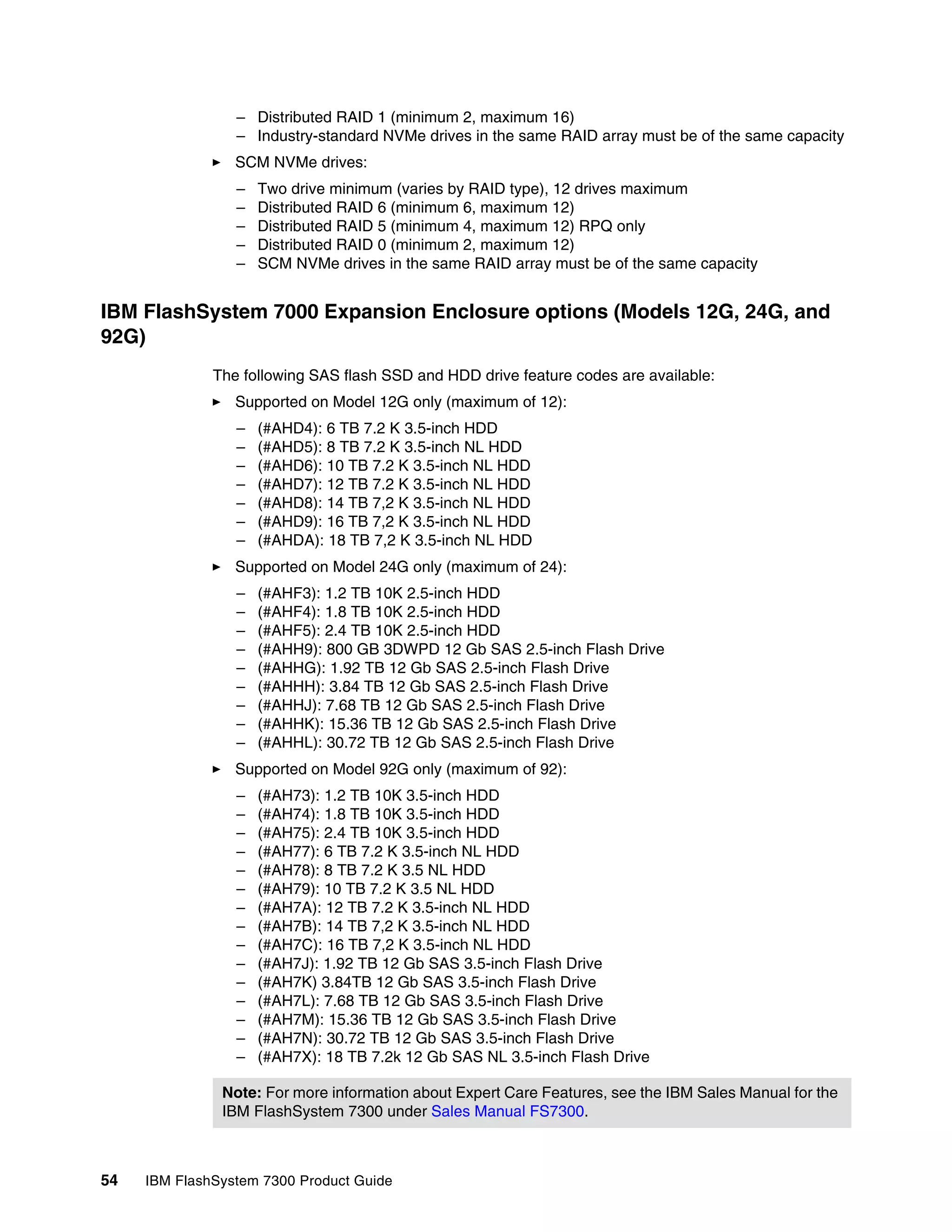 54 IBM FlashSystem 7300 Product Guide
– Distributed RAID 1 (minimum 2, maximum 16)
– Industry-standard NVMe drives in the same RAID array must be of the same capacity
򐂰 SCM NVMe drives:
– Two drive minimum (varies by RAID type), 12 drives maximum
– Distributed RAID 6 (minimum 6, maximum 12)
– Distributed RAID 5 (minimum 4, maximum 12) RPQ only
– Distributed RAID 0 (minimum 2, maximum 12)
– SCM NVMe drives in the same RAID array must be of the same capacity
IBM FlashSystem 7000 Expansion Enclosure options (Models 12G, 24G, and
92G)
The following SAS flash SSD and HDD drive feature codes are available:
򐂰 Supported on Model 12G only (maximum of 12):
– (#AHD4): 6 TB 7.2 K 3.5-inch HDD
– (#AHD5): 8 TB 7.2 K 3.5-inch NL HDD
– (#AHD6): 10 TB 7.2 K 3.5-inch NL HDD
– (#AHD7): 12 TB 7.2 K 3.5-inch NL HDD
– (#AHD8): 14 TB 7,2 K 3.5-inch NL HDD
– (#AHD9): 16 TB 7,2 K 3.5-inch NL HDD
– (#AHDA): 18 TB 7,2 K 3.5-inch NL HDD
򐂰 Supported on Model 24G only (maximum of 24):
– (#AHF3): 1.2 TB 10K 2.5-inch HDD
– (#AHF4): 1.8 TB 10K 2.5-inch HDD
– (#AHF5): 2.4 TB 10K 2.5-inch HDD
– (#AHH9): 800 GB 3DWPD 12 Gb SAS 2.5-inch Flash Drive
– (#AHHG): 1.92 TB 12 Gb SAS 2.5-inch Flash Drive
– (#AHHH): 3.84 TB 12 Gb SAS 2.5-inch Flash Drive
– (#AHHJ): 7.68 TB 12 Gb SAS 2.5-inch Flash Drive
– (#AHHK): 15.36 TB 12 Gb SAS 2.5-inch Flash Drive
– (#AHHL): 30.72 TB 12 Gb SAS 2.5-inch Flash Drive
򐂰 Supported on Model 92G only (maximum of 92):
– (#AH73): 1.2 TB 10K 3.5-inch HDD
– (#AH74): 1.8 TB 10K 3.5-inch HDD
– (#AH75): 2.4 TB 10K 3.5-inch HDD
– (#AH77): 6 TB 7.2 K 3.5-inch NL HDD
– (#AH78): 8 TB 7.2 K 3.5 NL HDD
– (#AH79): 10 TB 7.2 K 3.5 NL HDD
– (#AH7A): 12 TB 7.2 K 3.5-inch NL HDD
– (#AH7B): 14 TB 7,2 K 3.5-inch NL HDD
– (#AH7C): 16 TB 7,2 K 3.5-inch NL HDD
– (#AH7J): 1.92 TB 12 Gb SAS 3.5-inch Flash Drive
– (#AH7K) 3.84TB 12 Gb SAS 3.5-inch Flash Drive
– (#AH7L): 7.68 TB 12 Gb SAS 3.5-inch Flash Drive
– (#AH7M): 15.36 TB 12 Gb SAS 3.5-inch Flash Drive
– (#AH7N): 30.72 TB 12 Gb SAS 3.5-inch Flash Drive
– (#AH7X): 18 TB 7.2k 12 Gb SAS NL 3.5-inch Flash Drive
Note: For more information about Expert Care Features, see the IBM Sales Manual for the
IBM FlashSystem 7300 under Sales Manual FS7300.
 