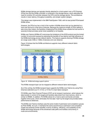 35
NVMe storage devices are typically directly attached to a host system over a PCI Express
(PCIe) bus and the NVMe controller is contained in the storage device, which alleviates the
need for another I/O controller between the CPU and the storage device. This architecture
results in lower latency, throughput scalability, and simpler system designs.
This design was implemented in the IBM FlashSystem 7300, with its dual ported PCIe-based
NVMe drives.
However, the PCIe bus has a limit to the number of NVMe drives that can be attached to a
host over the bus to a few tens of devices. Because the maximum length of PCIe cabling is
also only a few meters, the flexibility of deploying PCIe NVMe drives outside the host server is
severely limited and data center level scalability is not feasible.
NVMe over Fabrics (NVMe-oF) overcomes the limitations of the SCSI protocol and the limited
number of concurrent queues by extending the benefits of low latency and high efficiency of
the NVMe technology across network fabrics. This feature supports sharing of NVMe storage
at a large scale (100s or 1000s of devices) and over distance.
Figure 18 shows that the NVMe architecture supports many different network fabric
technologies.
Figure 18 NVMe technology support options
The NVMe transport layer can be mapped to different network fabric technologies.
As of this writing, the NVMe transport layer supports the NVMe over Fabrics by using Fibre
Channel (referred to as FC-NVMe of NVMeFC) main fabric transport.
FC-NVMe uses Fibre Channel Protocol (FCP) as its transport mechanism, which places the
data transfer in control of the target and transfers data direct from host memory, which is
similar to RDMA. In addition, FC-NVMe allows for a host to send commands and data
together (first burst), which eliminates the first data “read” by the target and provides better
performance at distances.
The NVMe over Fabrics interface uses the same model of submission and completion queues
as PCIe NVMe. As such, it maintains the same asynchronous submission and completion
model and achieves similar benefits in terms of latency, efficiency, and scalability as the
NVMe technology because of the shortened code paths and lockless concurrency in
multi-core environments.
 