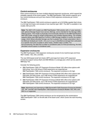 6 IBM FlashSystem 7300 Product Guide
Control enclosures
Each control enclosure can have multiple attached expansion enclosures, which expand the
available capacity of the entire system. The IBM FlashSystem 7300 solution supports up to
four control enclosures and up to two chains of SAS expansion enclosures per control
enclosure.
The IBM FlashSystem 7300 control enclosure supports up to 24 NVMe-capable flash drives
in a 2U high form factor and consists of one machine type: 4657. The 4657 is available in two
models: 924 and U7D.
Expansion enclosures
The IBM FlashSystem 7300 expansion enclosures consist of one machine type and three
4657 models: 12G, 24G, and 92G.
The new SAS-based small form factor (SFF) and large form factor (LFF) expansion
enclosures support various flash and SSD MDisks in a storage pool, which can be used for
IBM Easy Tier.
Consider the following points:
򐂰 IBM FlashSystem 7000 LFF Expansion Enclosure Model 12G offers drive options with
SAS drives. Up to 240 drives of SAS expansions are supported per
IBM FlashSystem 7300 control enclosure. The expansion enclosure is 2U high.
򐂰 IBM FlashSystem 7000 SFF Expansion Enclosure Model 24G offers drive options with
SSD flash and SAS drives. Up to 480 drives of SAS expansions are supported per
IBM FlashSystem 7300 control enclosure. The expansion enclosure is 2U high.
򐂰 IBM FlashSystem 7000 LFF Expansion Enclosure Model 92G offers drive options with
SSD flash and SAS drives. Up to 784 drives of SAS expansions are supported per
IBM FlashSystem 7300 control enclosure. The expansion enclosure is 5U high.
The IBM FlashSystem 7300 control enclosure can be recognized by the nomenclature
“IBM FlashSystem 7300” on the left side of the bezel cover, which covers the rack-mounting
screws.
Note: The 4657-U7D model is an IBM FlashSystem 7300 solution with a 1-year warranty,
with optional Storage Expert Care service offerings, and is intended for the Storage Utility
Offering space. This model is physically and functionally identical to the IBM FlashSystem
4657-924 model, except for target configurations and variable capacity billing. The variable
capacity billing uses IBM Spectrum Control or IBM Storage Insights to monitor the system
usage, which allows allocated storage use that is greater than a base subscription rate to
be billed per terabyte per month. Allocated storage is identified as storage that is allocated
to a specific host (and unusable to other hosts), whether data is written. For
thin-provisioning, the data that is written is considered used; for thick-provisioning, the total
allocated volume space is considered used.
Note: Attachment and intermixing of IBM Storwize® V7000 Expansion Enclosures Models
12F, 24F, and 92F with FlashSystem 7300 Expansion Enclosure Models 12G, 24G, and
92G is not supported.
 