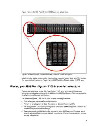 7
Figure 2 shows the IBM FlashSystem 7300 bezel and NVMe drive.
Figure 2 IBM FlashSystem 7300 bezel and IBM FlashCore Module description
Labeling on the NVMe drive provides the drive type, capacity, type of drive, and FRU number.
The example that is shown in Figure 2 is the IBM FlashCore Module NVMe 19.2 TB type.
Placing your IBM FlashSystem 7300 in your infrastructure
Various use cases exist for the IBM FlashSystem 7300, all of which can address many
technical and business requirements. In addition, the IBM FlashSystem 7300 can be used to
simplify the overall storage architecture.
The IBM FlashSystem 7300 can be used to in the following scenarios:
򐂰 First tier storage repository for production data.
򐂰 Primary or target system for Data Replication or Disaster Recovery (DR).
򐂰 HA storage within a HyperSwap configuration (where two IBM FlashSystem 7300s are in a
synchronous replication relationship).
򐂰 Externally virtualizing IBM or non-IBM storage by using IBM Spectrum Virtualize, which
extends advanced functions (such as data reduction, encryption, and replication) to those
storage subsystems.
 