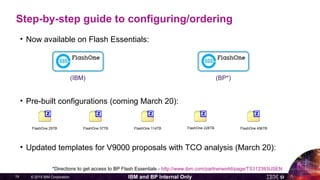 © 2015 IBM Corporation19 IBM and BP Internal Only
Step-by-step guide to configuring/ordering
• Now available on Flash Essentials:
• Pre-built configurations (coming March 20):
• Updated templates for V9000 proposals with TCO analysis (March 20):
(IBM) (BP*)
*Directions to get access to BP Flash Essentials - http://www.ibm.com/partnerworld/page/TS312393USEN
FlashOne 57TBFlashOne 29TB FlashOne 114TB FlashOne 228TB FlashOne 456TB
 